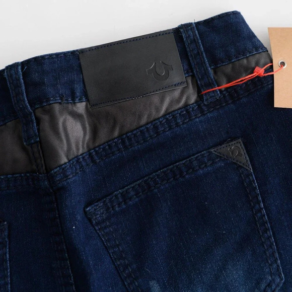 True Religion '03 Y2K Dark Wash With Leather Accent Mini Denim Low Rise Skirt 29 - Picture 12 of 13